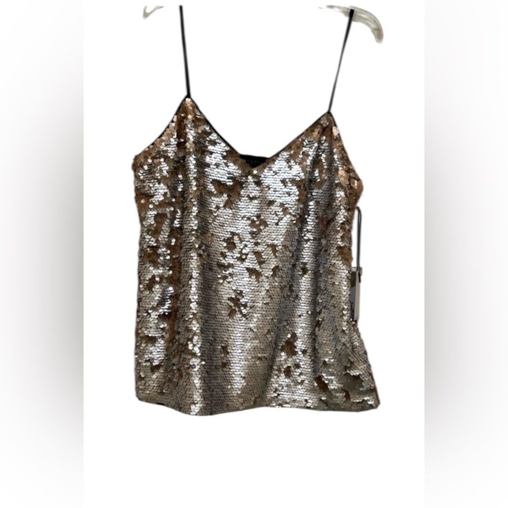 NWT 1. State women’s Medium Luster nude sequined v-neck tan & silver top